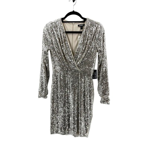 Express Dresses & Skirts - NWT Express Women's Long Sleeve Silver Sequin V Neck Cocktail Party Dress XS